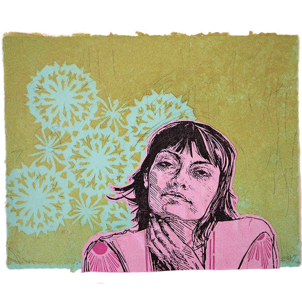 Swoon, Irina: Swoon’s Irina is a unique work made from silkscreen, acrylic gouache, and fabric on handmade paper made by the artist. It is hand painted and signed by the artist and offered unframed. Caledonia Cur