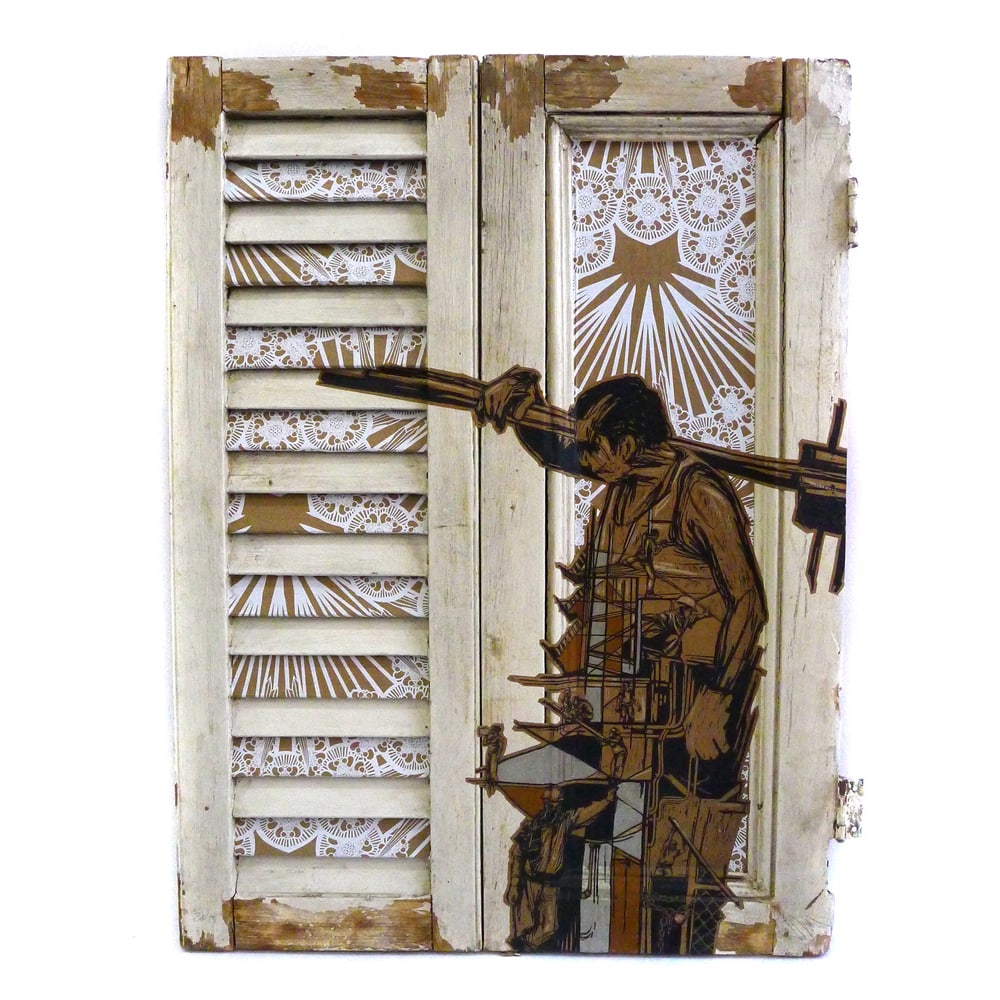 Swoon, Construction Worker: The paper cut outs and stenciling on found materials is a trademark of Swoon's unique artistic style. As the female street artist that inspired a generation, these works on objects found on the street