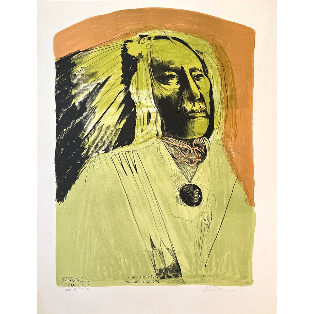 Leonard Baskin, High Bear, Standing Rock: Leonard Baskin, High Bear, Standing Rock is an unframed lithograph published by Landfall Press in 1973. It is an excellent example of Baskin's prints of Native Americans, and is in very good condition
