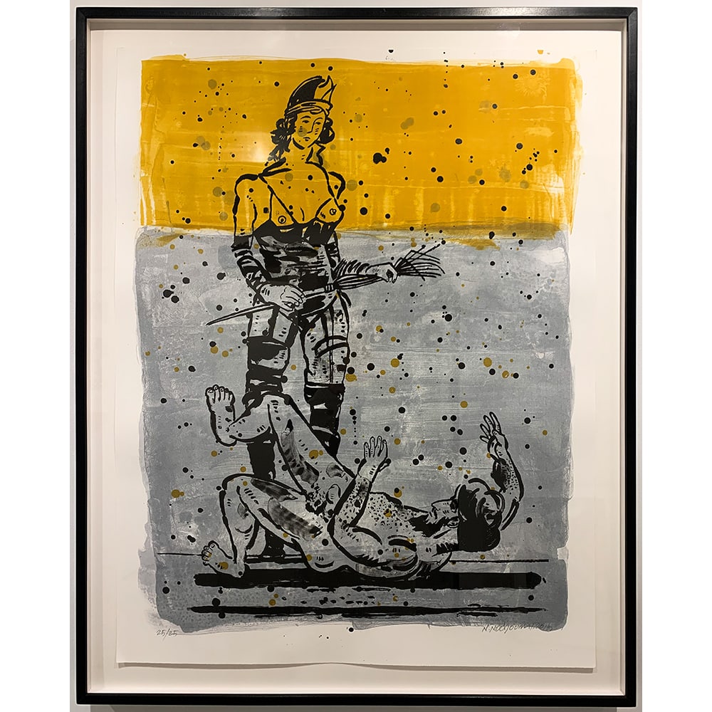 Nicky Nodjoumi, The Language of Violence: Nicky Nodjoumi’s The Language of Violence lithograph is #25/25, signed by the artist, offered framed. Nicky Nodjoumi’s works explore the legacies of personal and collective trauma—including the