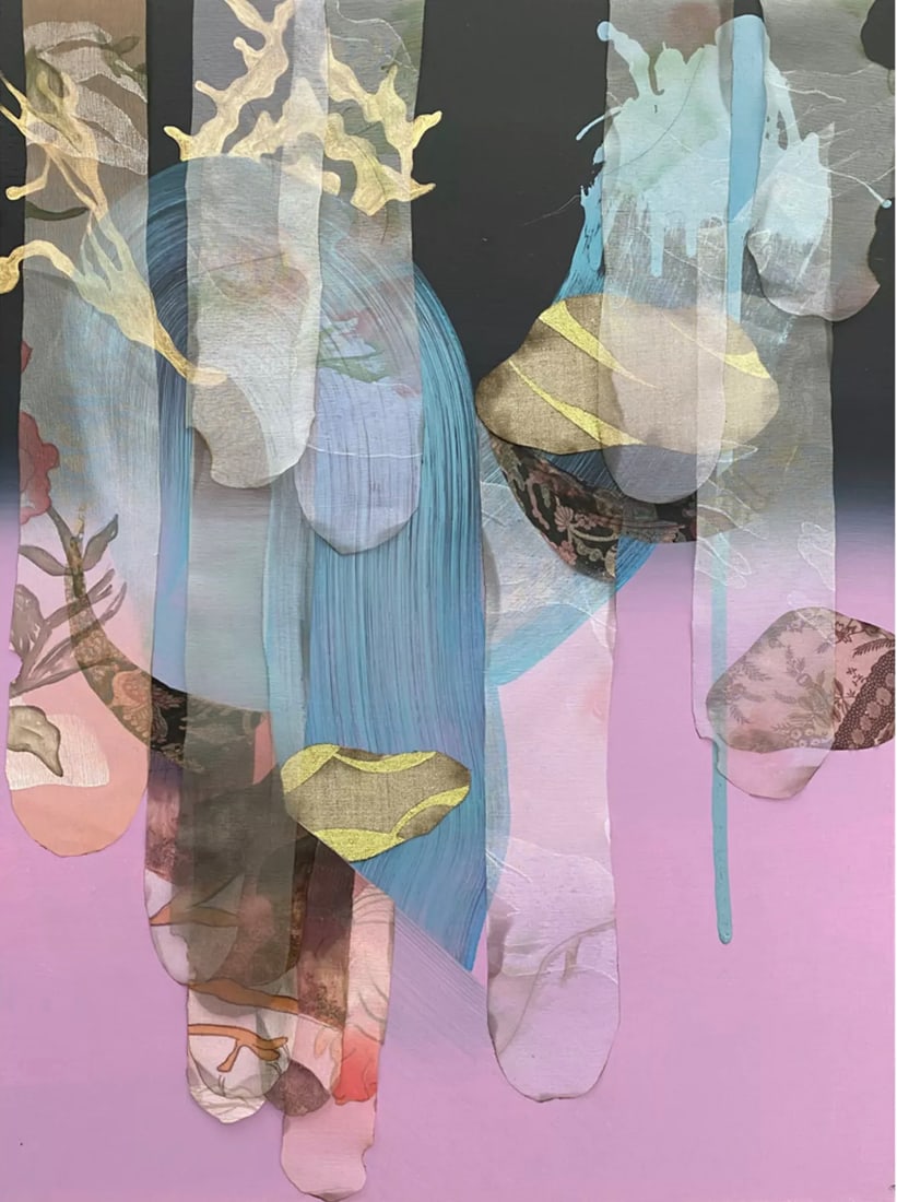 Lien Truong, Untitled Pink, 2022: Lien Truong (b. 1971) is a Vietnamese-American artist whose work blends abstraction, materiality, and cultural memory. Untitled Red (2022) incorporates acrylic, copper pigment, and silk on panel, crea