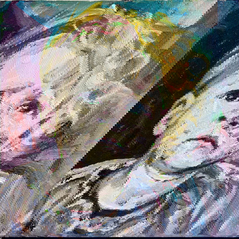 Hung Liu, Dustbowl Portrait II: This painting is offered framed in a museum flat profile graphite frame. Hung Liu was a Chinese-American artist known for her powerful figurative works addressing history, memory, and identity. Her wo