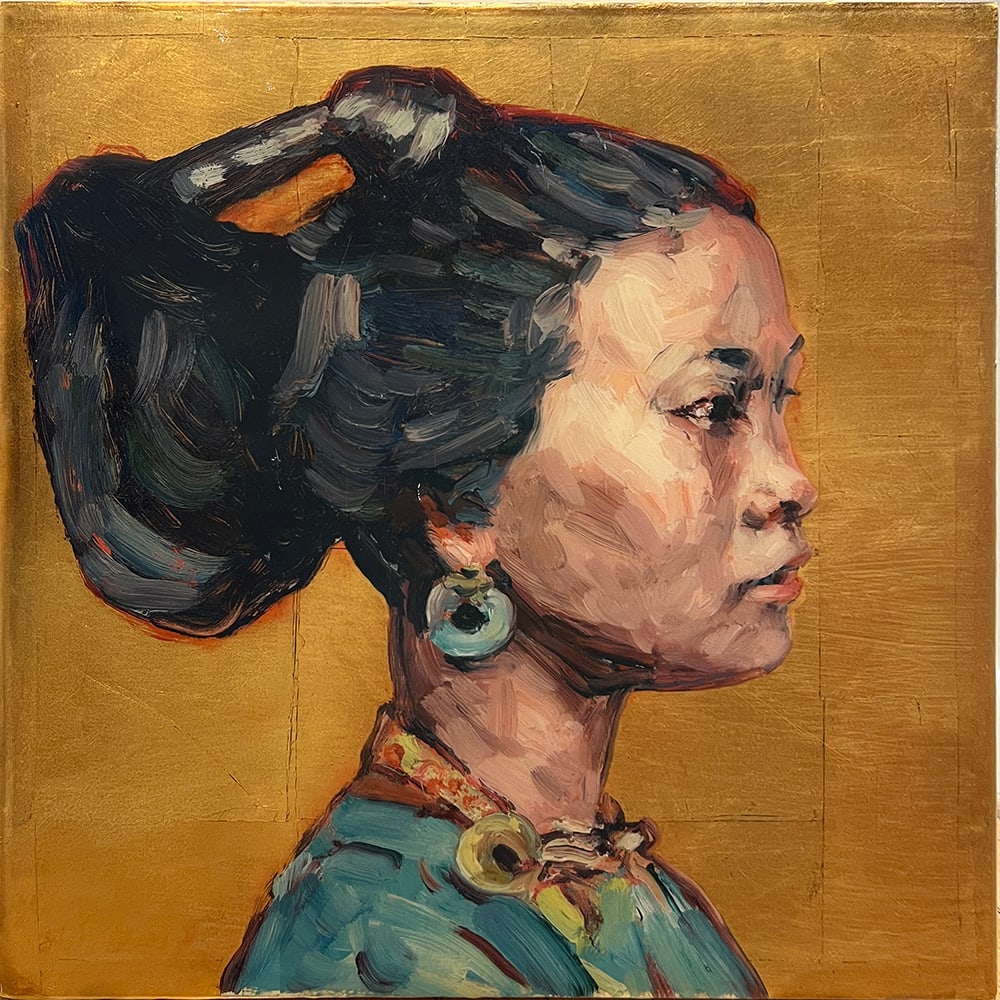 Hung Liu, Woman in Profile, with Turquoise Earing: Liu paints Chinese women, often in poverty or prostitution, honoring the dignity of her subject through expressive portraiture and gold leaf. Hung Liu, working with master printer David Salgado, devel