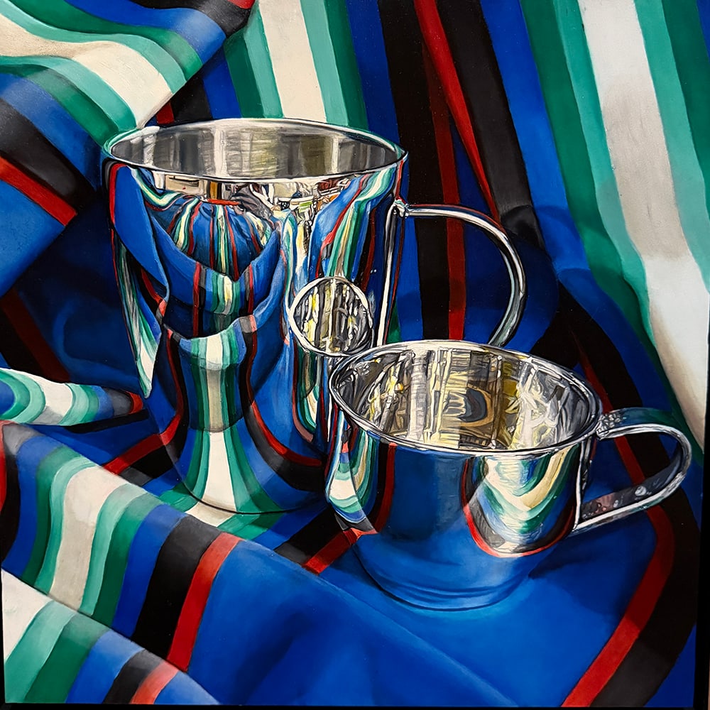 Jeanette Pasin Sloan, Duet: Jeanette Pasin Sloan (b. 1946) is an American painter known for precise still lifes that explore reflection, surface, and perception. Duet (2022) is an oil on linen depicting paired vessels rendered w