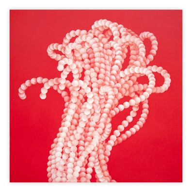 Greg Murr, Pearl Study no. 18: Greg Murr is an American artist known for his abstract studies of organic form, line, and energy. Pearl Study No. 18 (2012) presents a luminous white linear structure set against a rich red ground,