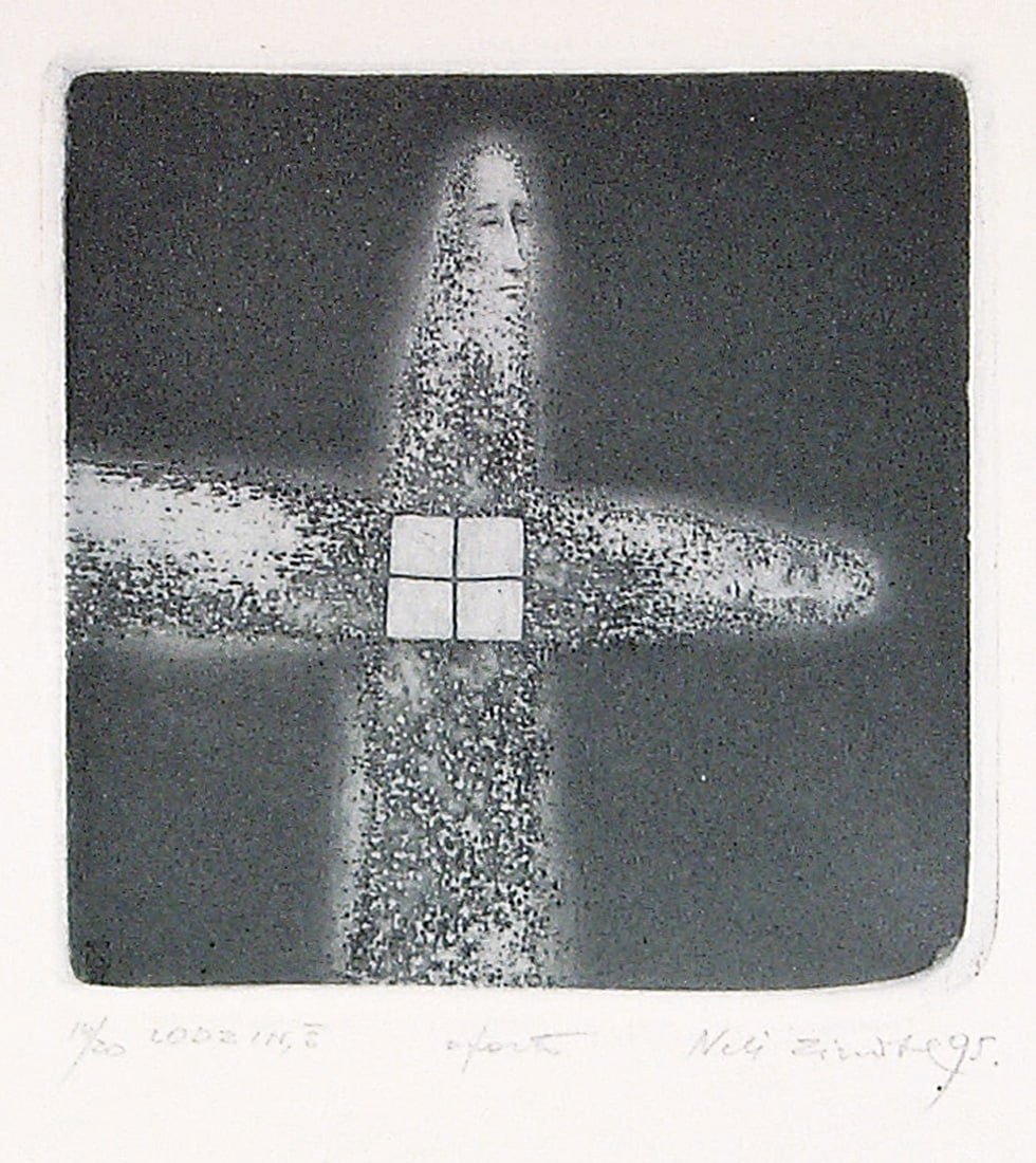 Nele Zirnite, Window: In Window (1995), Zirnite presents a cross-like form suggesting light entering a darkened interior. The intaglio technique emphasizes contrast and atmosphere, creating a sense of stillness and