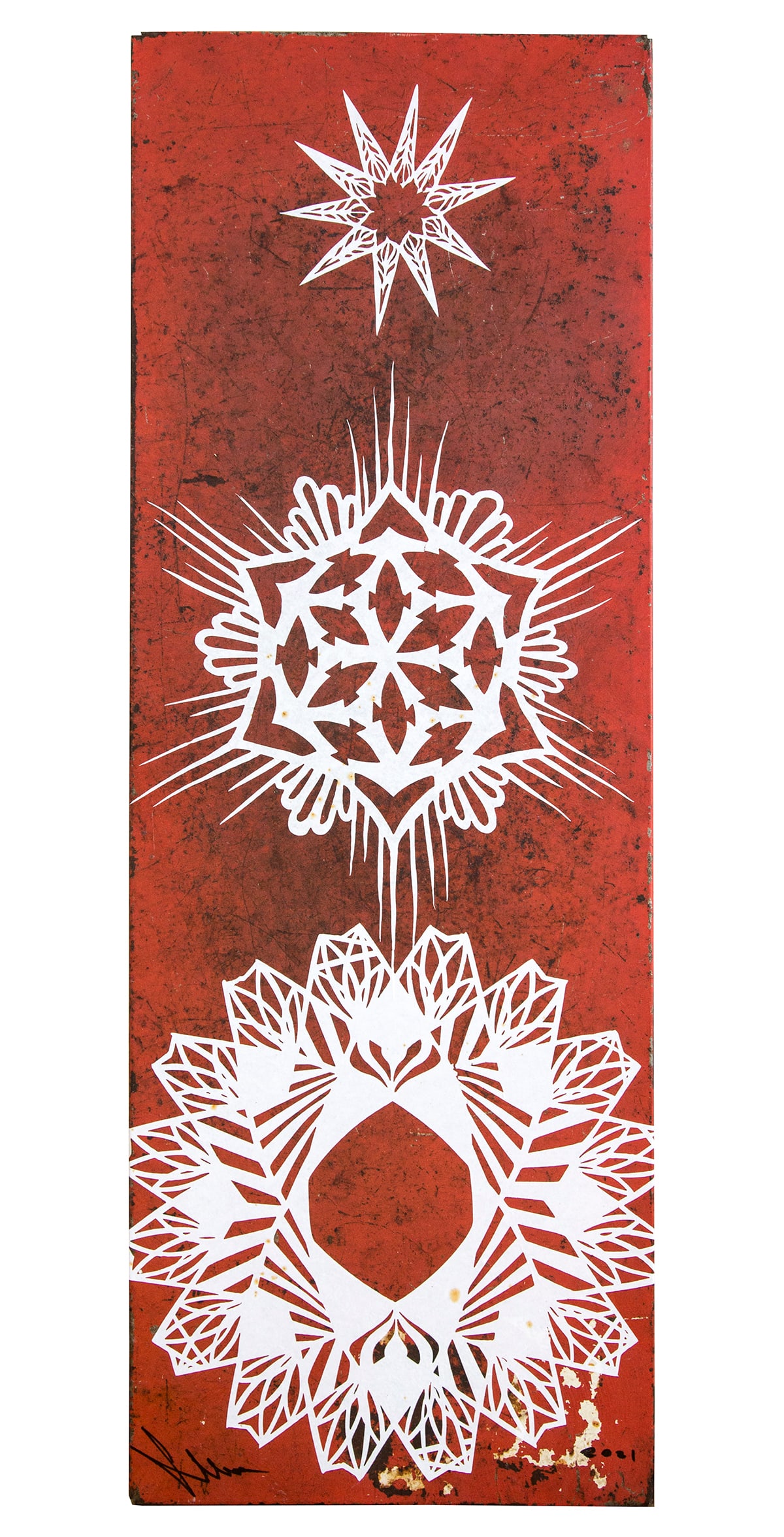 Swoon , Eidophone 17: Internationally acclaimed artist Swoon blends folk traditions, ornament, and contemporary themes in her cut-paper works. Eidophone 17 is a unique cut paper on metal panel (edition of 1), measuring 32