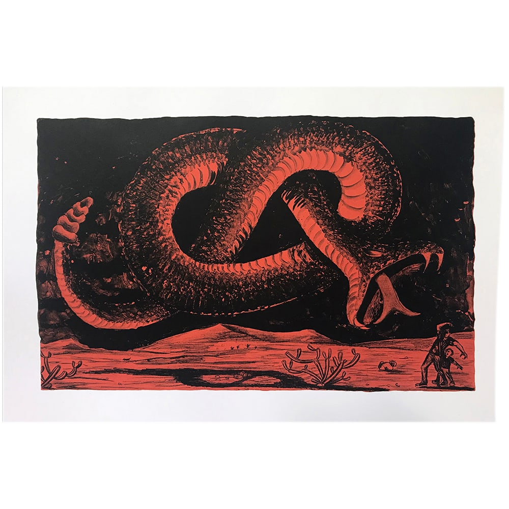 Sergio Sanchez Santamaria, Coatl en el Cielo: Sergio Santamaria+-IBk-s Coatl en el Cielo lithograph was printed in 2019 by Landfall Press. It is signed and numbered by the artist, and is from an edition of 50. The print is offered unframed.