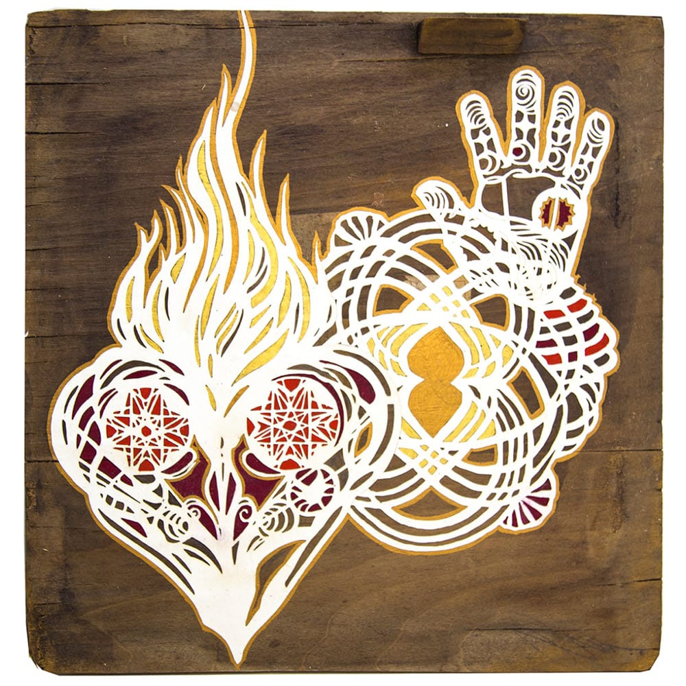 Swoon , Eidophone 54: Swoon+-IBk-s work bridges fine art and public intervention, drawing from folk art and personal narrative. Eidophone 54 (2021) features meticulously cut paper on a found object, combining warmth, symbo