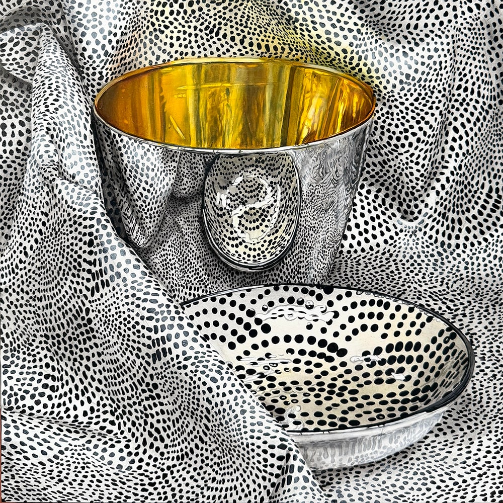 Jeanette Pasin Sloan, Duet: Jeanette Pasin Sloan is an acclaimed painter known for her luminous still lifes and symbolic compositions. Duet (2025) is an oil on panel work measuring 16 +-ANc 16 inches, presented unframed.