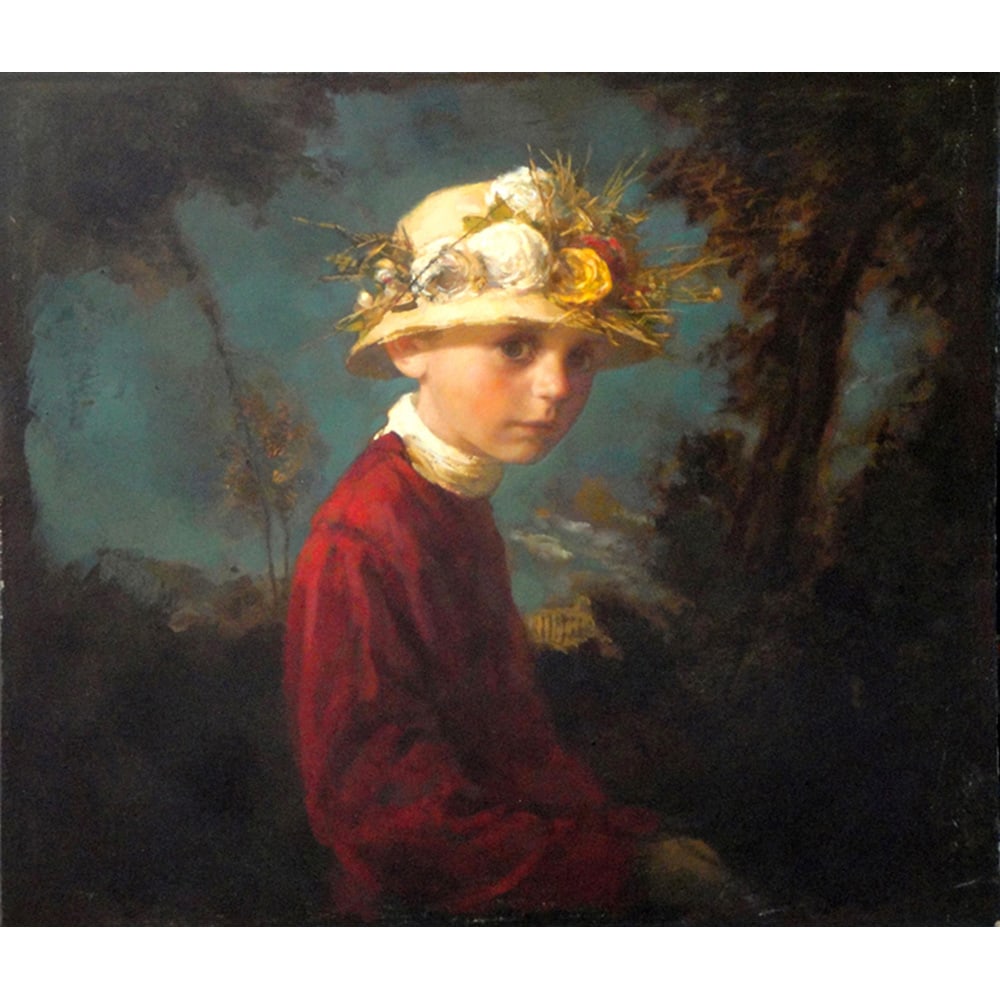 Igor Melnikov, Flora III: Flora III differs from many of Melnikov+-IBk-s other paintings of children: the bright, richly saturated colors of its subject and backdrop contrast the subdued, ethereal palette his other works. The