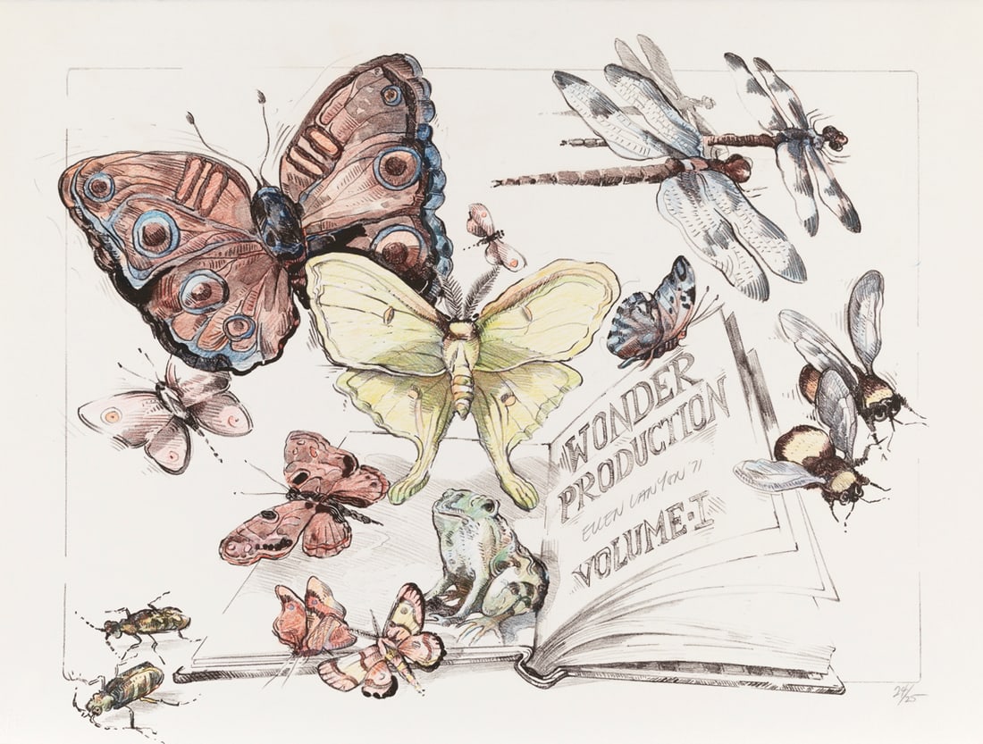 Ellen Lanyon, Wonder Production - Vol. 1 The Bewitched Teacup: Ellen Lanyon is known for her magical depictions of story-like compositions including flying creatures and insects. She finds wonder in the natural world, and helps us understand its mystical