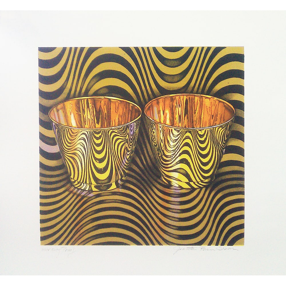 Jeanette Pasin Sloan, Wave Cups, State II: Sloan+-IBk-s work reflects our daily lives both metaphorically and literally. Technically extraordinary, Sloan's reflective realist paintings and prints are collected by the Metropolitan Museum of