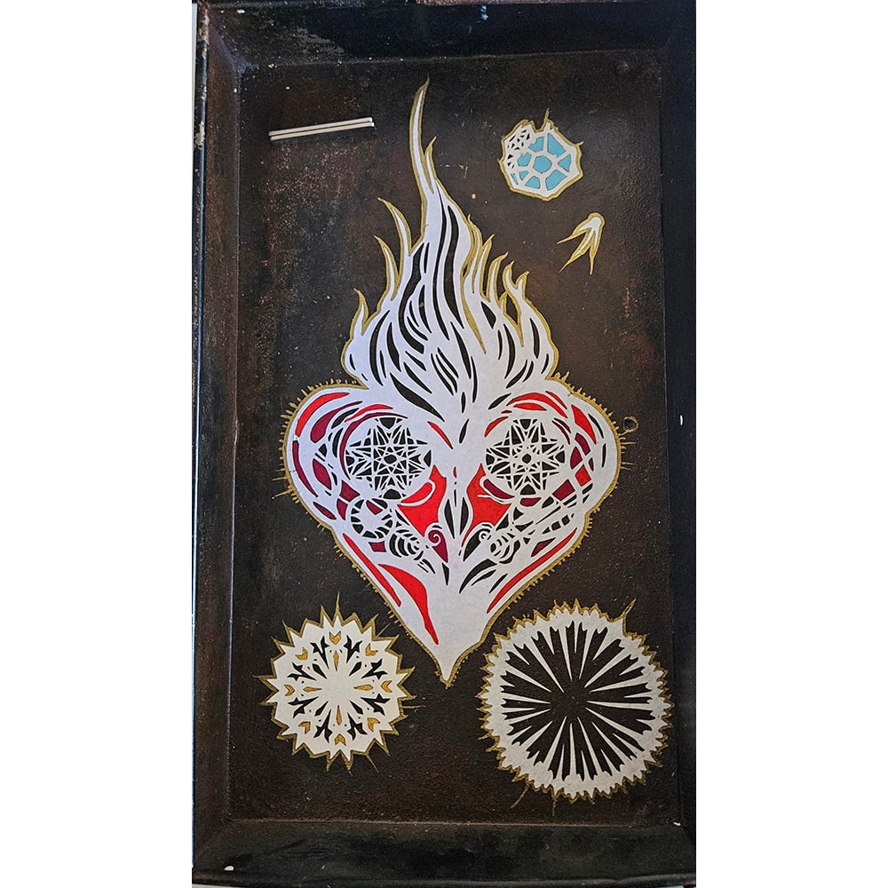 Swoon , Eidophone #74: Swoon is an internationally acclaimed artist recognized for her intricate cut-paper works and socially engaged practice. Eidophone #74 is composed of paper on a metal found object, blending delicacy w