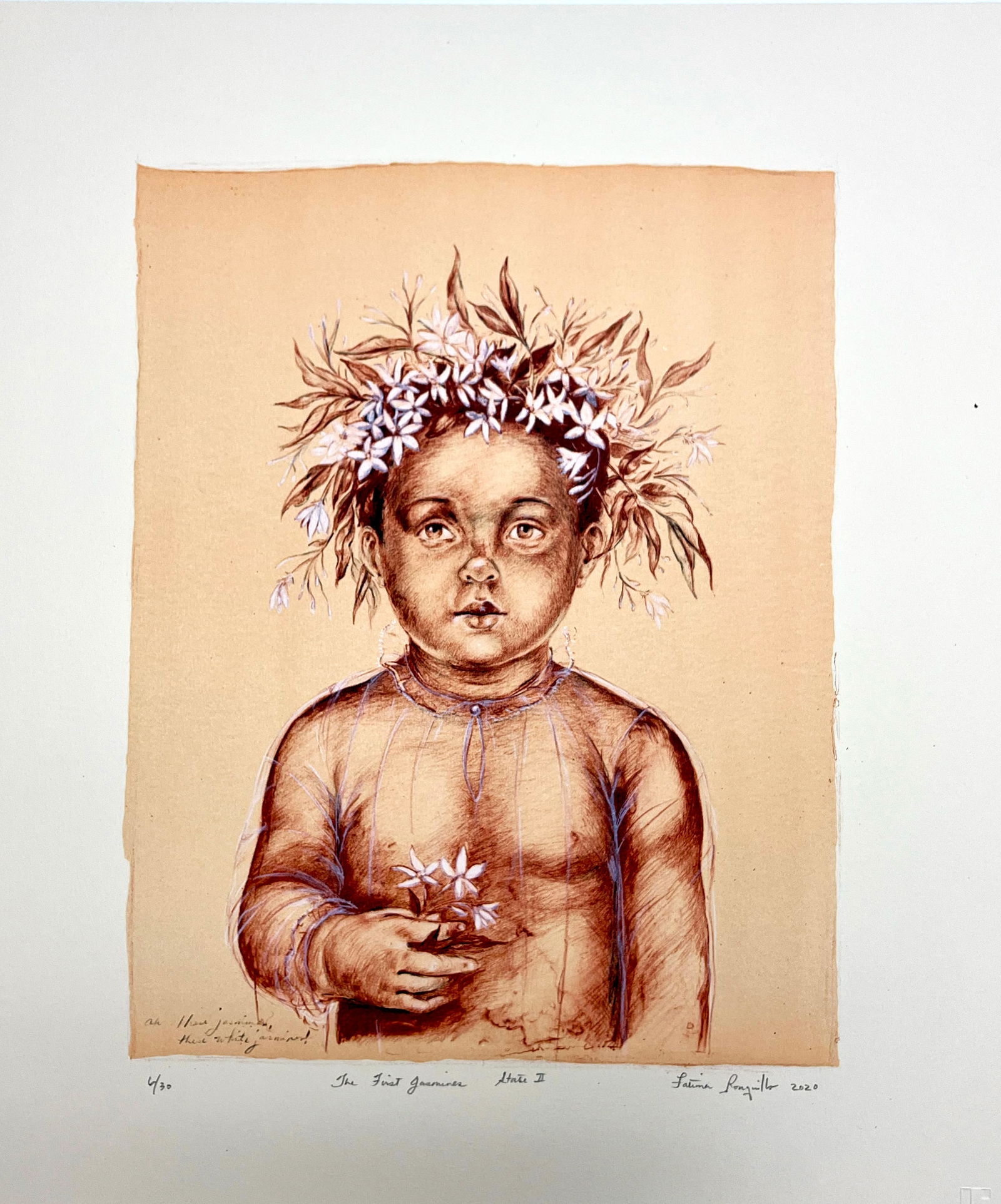 Fatima Ronquillo, The First Jasmines-State II: This artwork is in very good condition and is signed by the artist. It was printed at Landfall Press in Santa Fe.