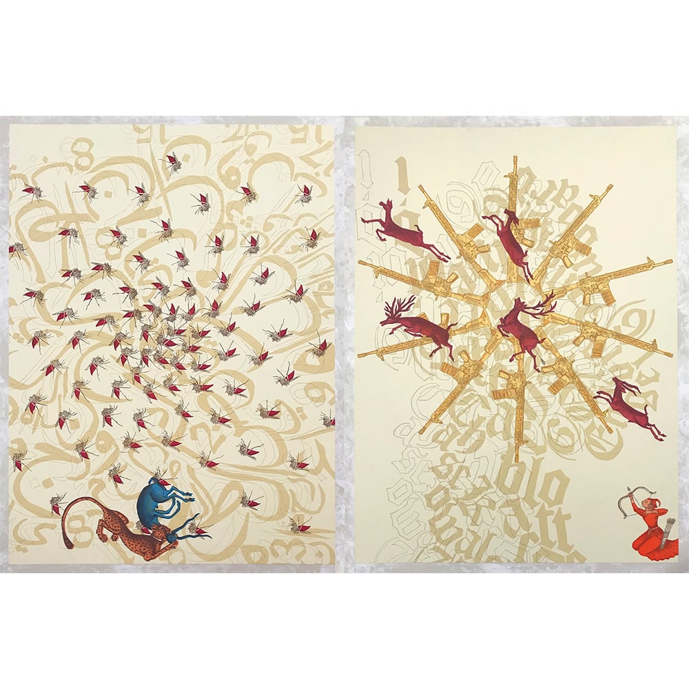 Ambreen Butt, Say My Name (diptych, both panels): Ambreen Butt (born 1969 in Lahore, Pakistan) is a Pakistani-American contemporary visual artist celebrated for her intricate, politically engaged work that reimagines traditional Indian and Persian