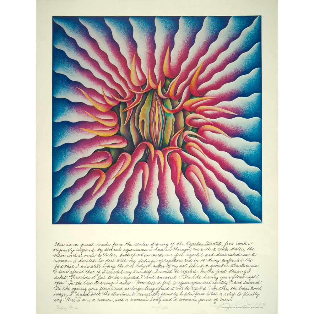 Judy Chicago, Peeling Back: Judy Chicago says of this work: "Peeling Back" is made from the center drawing of the "Rejection Quintet," five works originally inspired by several experiences I had in Chicago, one with a male