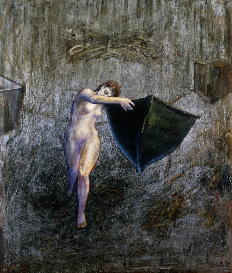 Kathleen Morris, Puerto en Medio: Kathleen Morris has lived in New Mexico for decades, in an off the grid village north of Santa Fe. She mixes natural elements into her paintings, and creates compositions inspired by her dreams. Morri