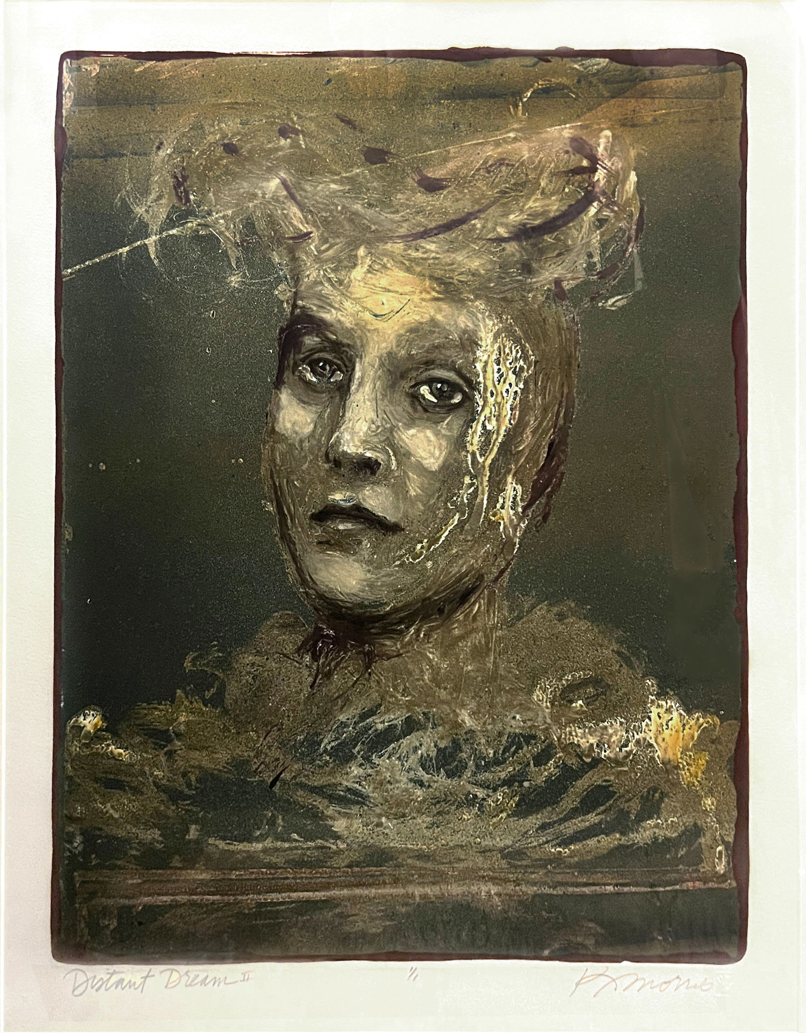 Kathleen Morris, Distant Dreams II: Kathleen Morris has lived in New Mexico for decades, in an off the grid village north of Santa Fe. She mixes natural elements into her paintings, and creates compositions inspired by her dreams.