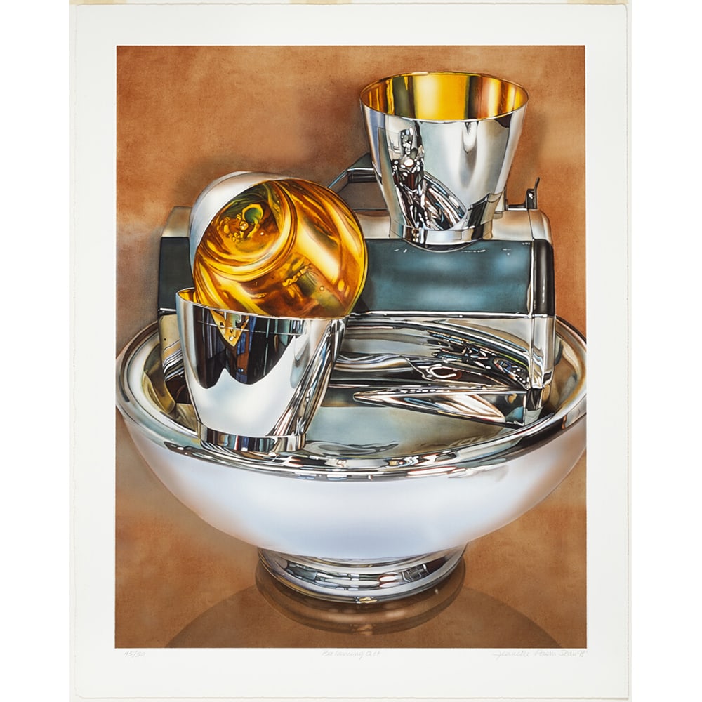 Jeanette Pasin Sloan, Balancing Act, framed: Jeanette Pasin Sloan (b. 1946) is an American artist known for her meticulous depictions of architectural interiors and urban space. Born in Chicago in 1946, Sloan became a mother in the 1970s.