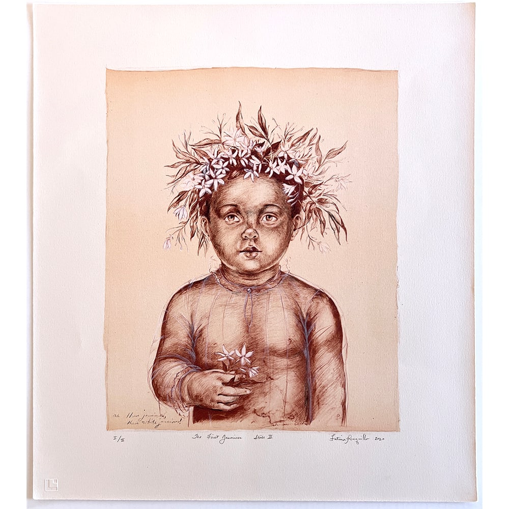 Fatima Ronquillo, The First Jasmines-State II: Fatima Ronquillo (born 1976) is a Filipino-American self-taught painter celebrated for her evocative, classically inspired works that blend techniques of European old masters with elements of magical