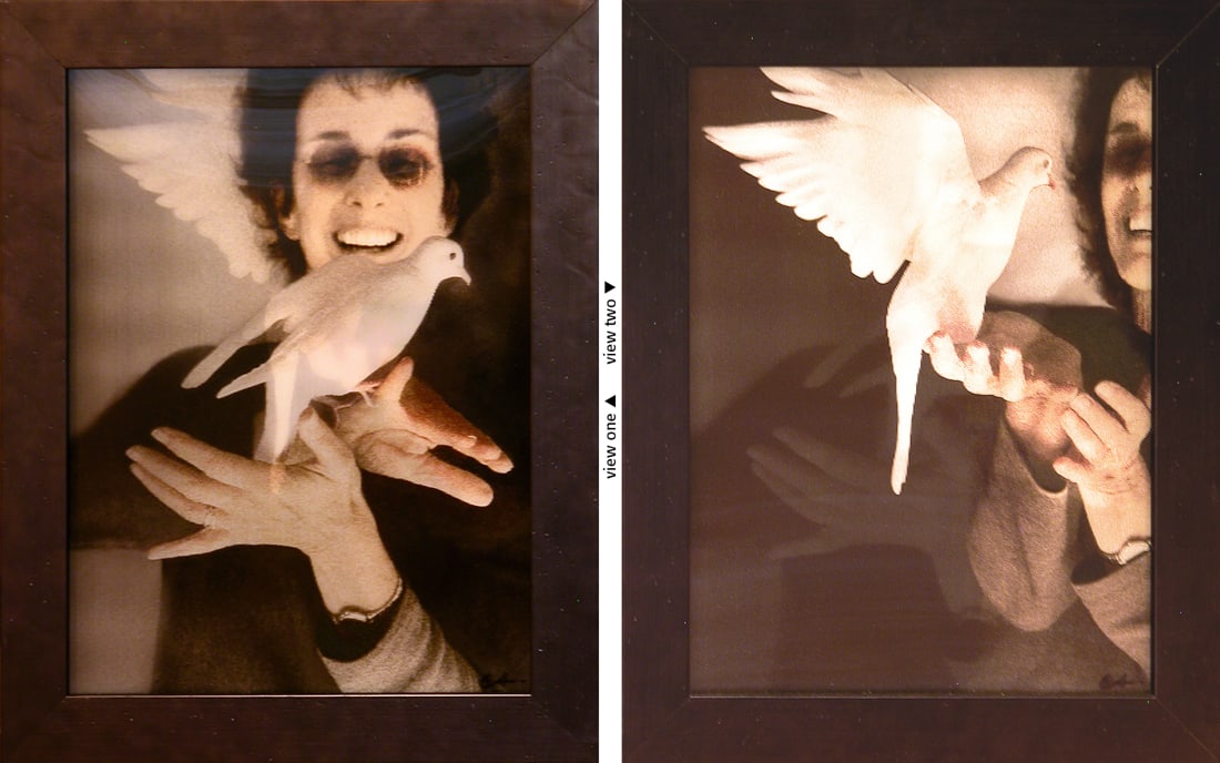 Ann Weiner, untitled: Ann Weiner was a pioneering artist in the field of lenticular photography. She combined images of children with images of transformation, such as the butterfly. The lenticular technique allows one