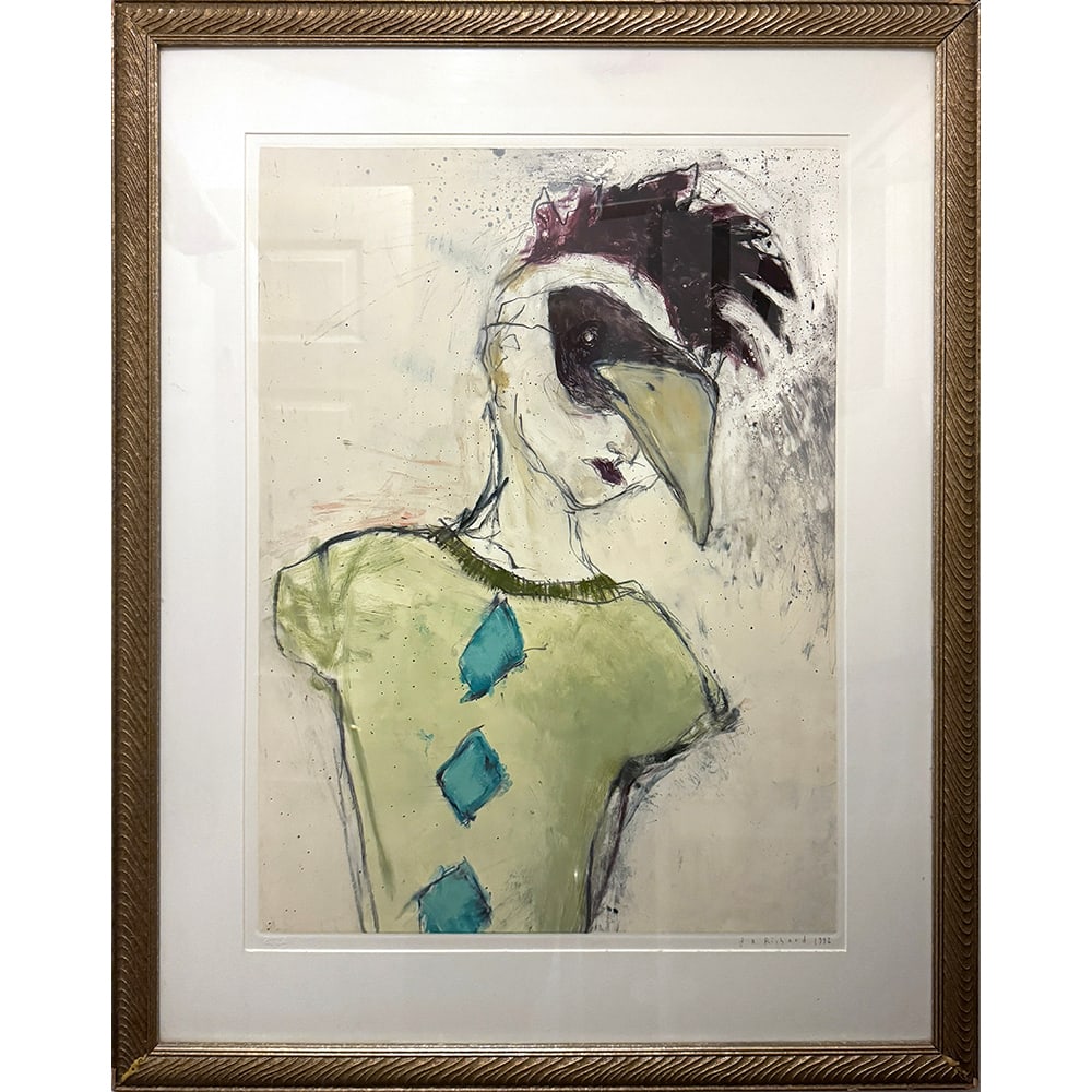 Julie Richard, Mask, framed: Julie Crane is a multimedia artist whose works have been widely exhibited in the U.S. and in Mexico. Her works often depict human and animal combined beings, alluding to the idea that all living