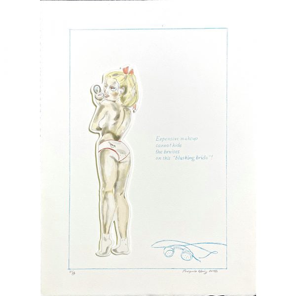 Peregrine Honig, Shiner: Peregrine Honig is an American artist recognized for her intimate, psychologically complex figurative works. Shiner (2003) is a 4-color lithograph with etching and hand coloring on paper, measuring