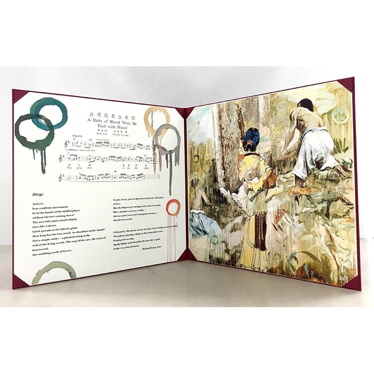 Hung Liu, Dirge: Liu created a very large oil painting which is the basis of the print titled, Dirge. A limited series of 45 prints were created, and they are wrapped in a beautiful folio with poetry on the left and