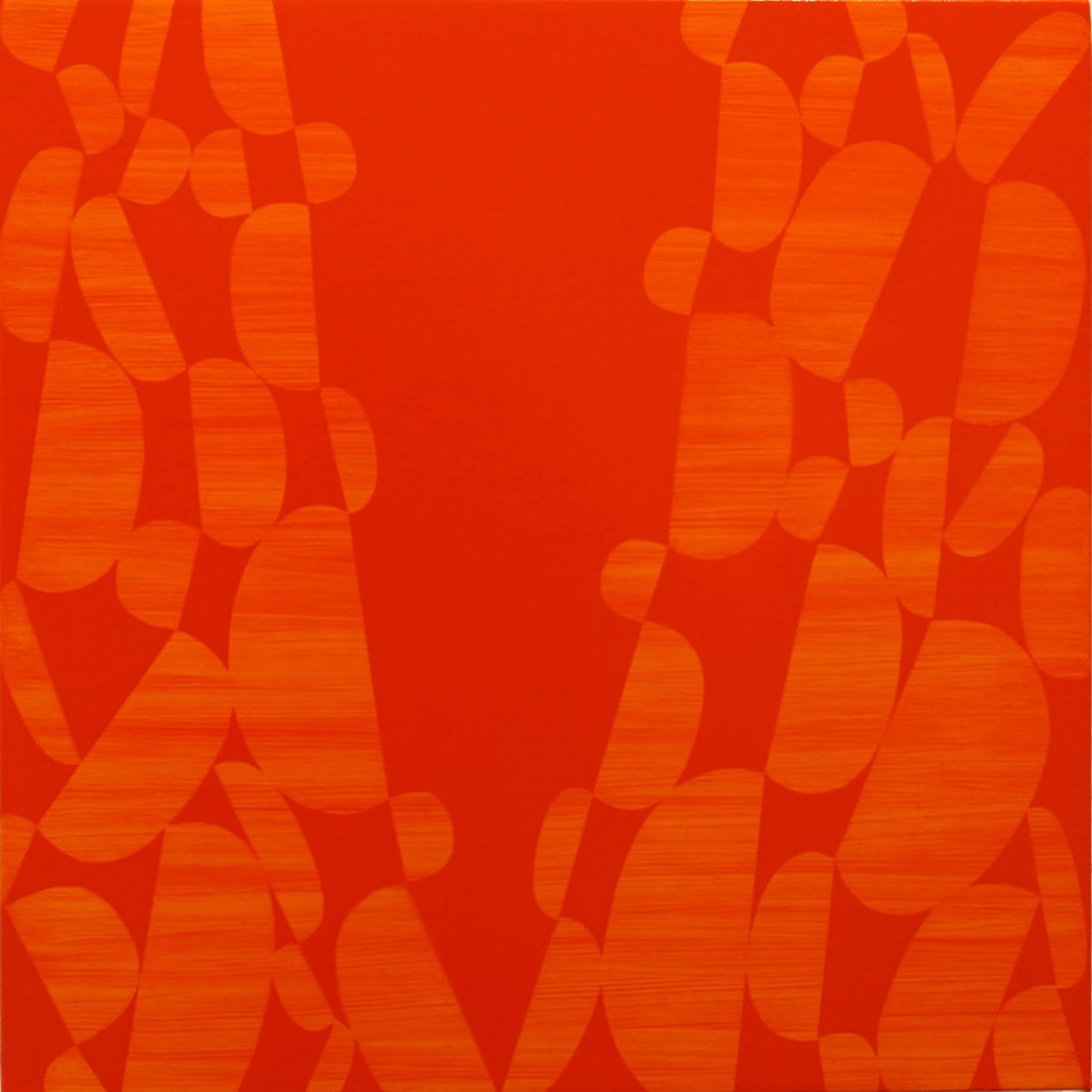 Jamie Brunson, Cleave: Cleave (2016) exemplifies Jamie Brunson’s exploration of geometric pattern and saturated color. Rendered in warm orange tones, the composition suggests fragmentation and repetition through layered