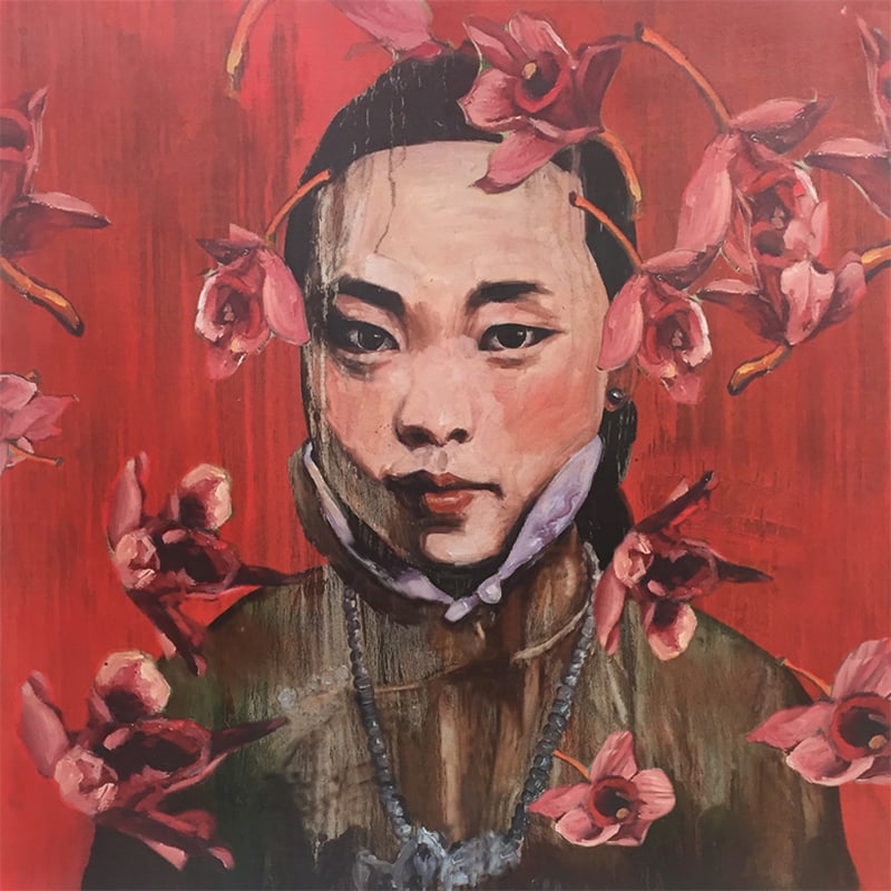 Hung Liu, Red Flowers: Hung Liu was born in Changchun, China in 1948. She grew up in Beijing during the time of Mao Zedong. After finishing high school in 1968 she was sent to the countryside for four years during the