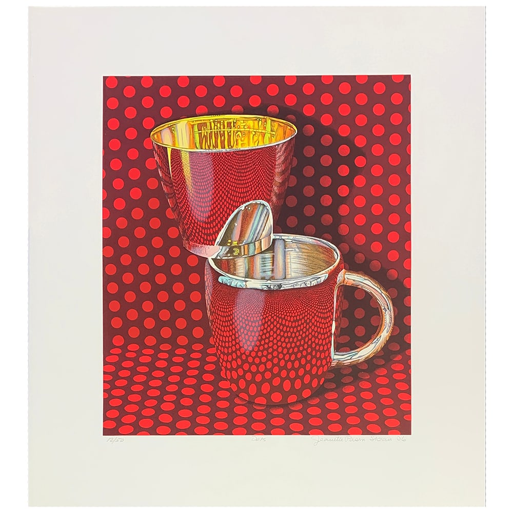 Jeanette Pasin Sloan, Dots: Born in Chicago in 1946, Sloan became a young mother in the 1970s. Feeling the claustrophobia of young motherhood, she began to paint all of the objects in her kitchen–her interest in reflective
