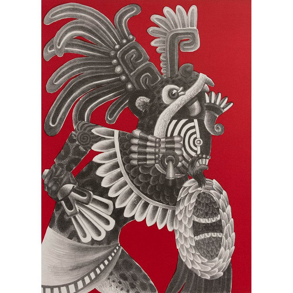 Sergio Sanchez Santamaria, Jaguar Warrior: Sergio Santamaria, an artist from Mexico, created "Jaguar Warrior" in 2017, a lithograph. Measuring 28 x 21 inches, this unframed work is LP2. The imagery references indigenous warrior symbolism. It