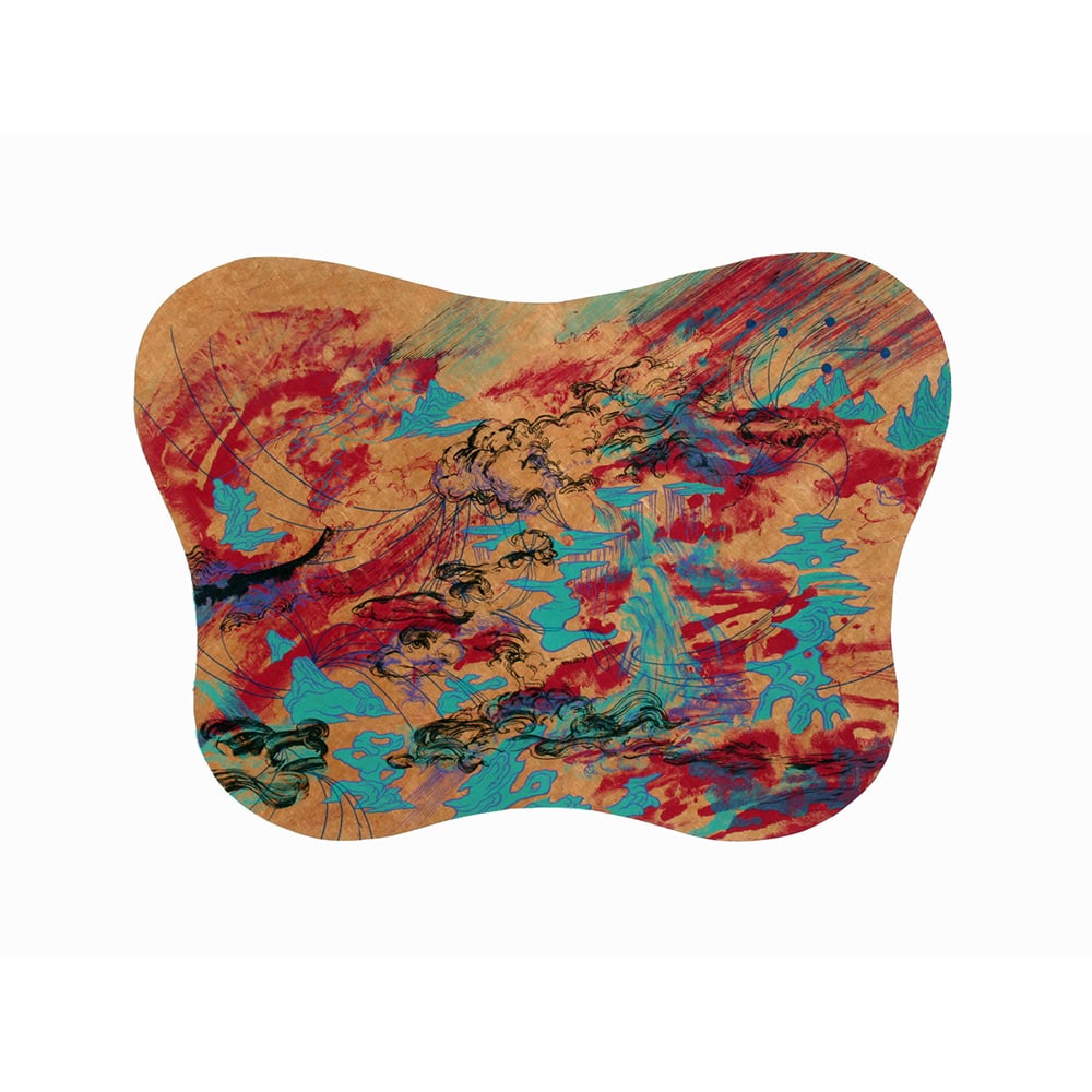 Jiha Moon, En Route (red): In her fluid and expressive practice, Jiha Moon combines motifs and techniques from her native Korea with threads from the Western art canon and imagery from the digital age. Jiha Moon is a