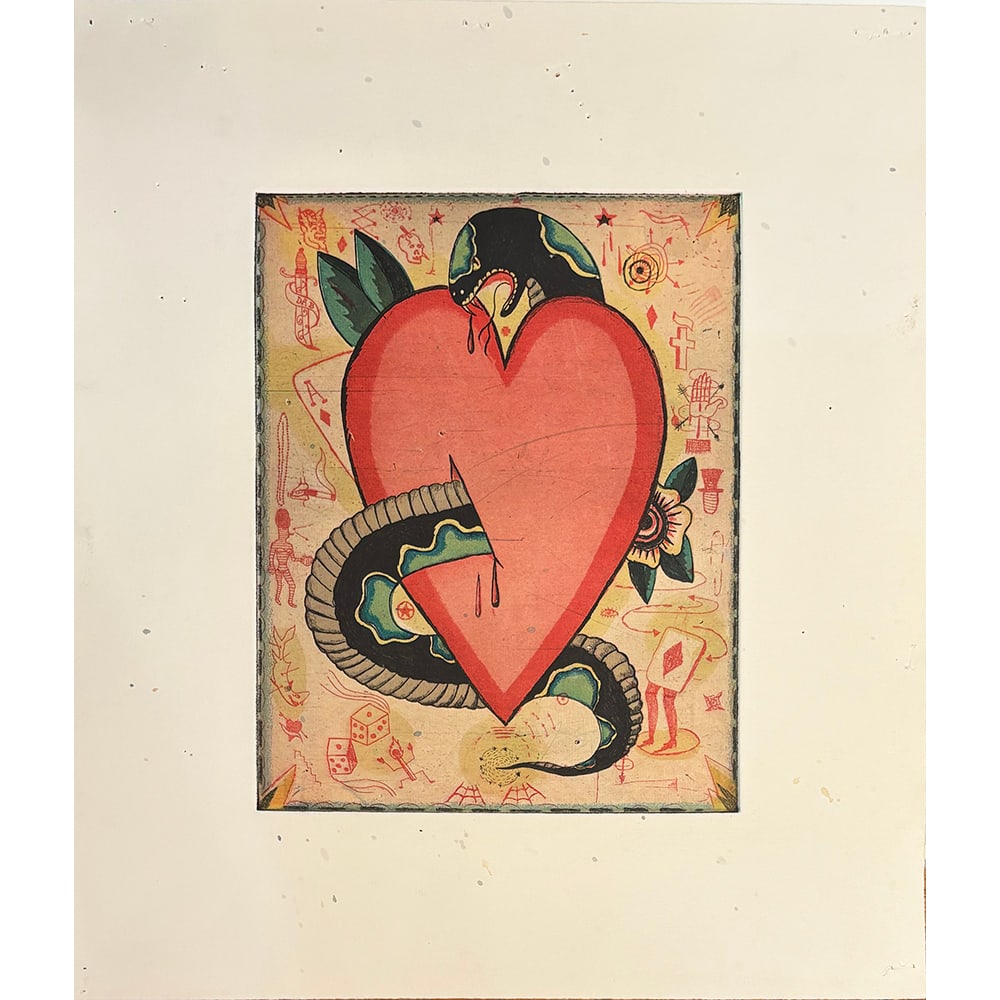 Tony Fitzpatrick, My Snake Bit Heart: Tony Fitzpatrick was a beloved and deeply revered printmaker. He combined detailed miniature graffiti backgrounds with voluptuous central images in his compositions. This print was one of Landfall