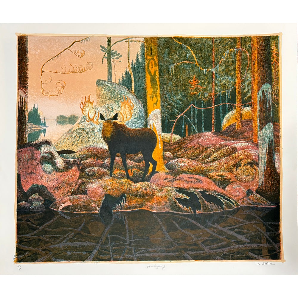 Tom Uttech, Kasakogwog: Tom Uttech, an artist from the United States, produced "Kasakogwog" in 1990, a 10-color lithograph. Measuring 36 x 41 inches, this unframed work is marked copyright. The composition depicts a