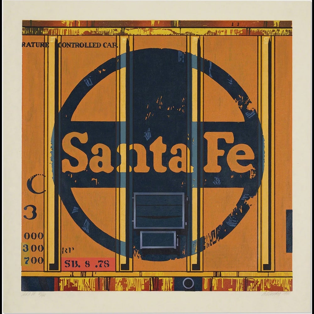 Robert Cottingham, Santa Fe: Robert Cottingham's "Santa Fe" is a framed woodcut on handmade rice paper, printed by Landfall Press in 1988. It is one of his most sought after images, showing the iconic Santa Fe Railway logo. Rober
