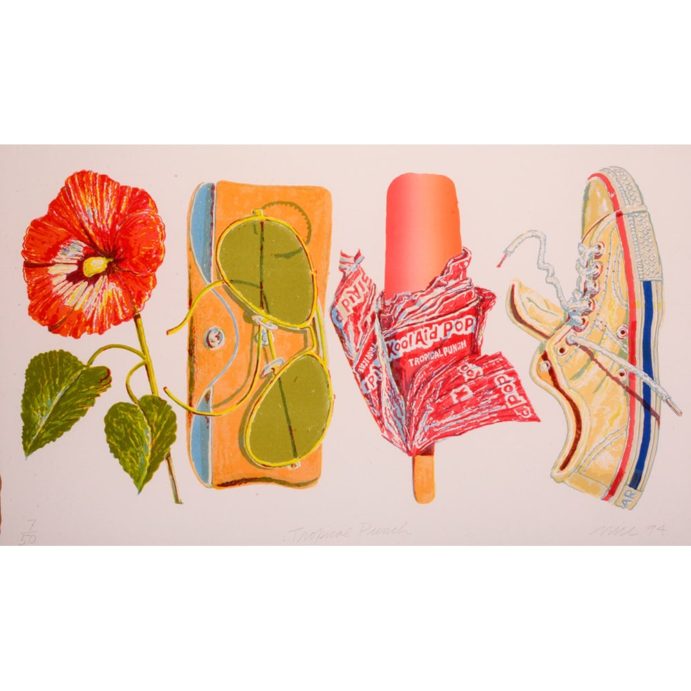 Don Nice, Tropical Punch: Don Nice, renowned artist from the United States blending Pop Art and Realism, created Tropical Punch in 1994. This lithograph measures 29 x 45 inches, and is unframed edition 40/50. The composition