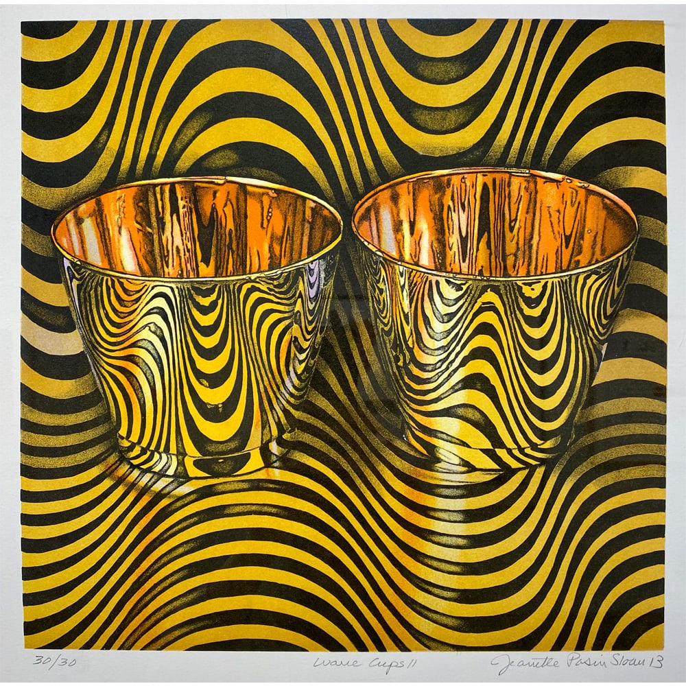 Jeanette Pasin Sloan, Wave Cups, state II: Feeling the claustrophobia of young motherhood in the 1960s, Jeanette Pasin Sloan began to paint all of the objects in her kitchen from cereal boxes to the highchairs to find a creative and