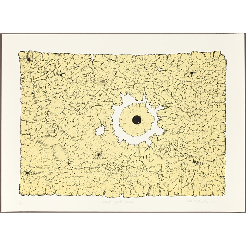 William T. Wiley, Thank Yute Rubble: William T. Wiley, an American artist from the United States, created "Thank Yute Rubble" in 1972, a lithograph. Measuring 22 x 30 inches, this unframed work is edition 4/80. The composition features