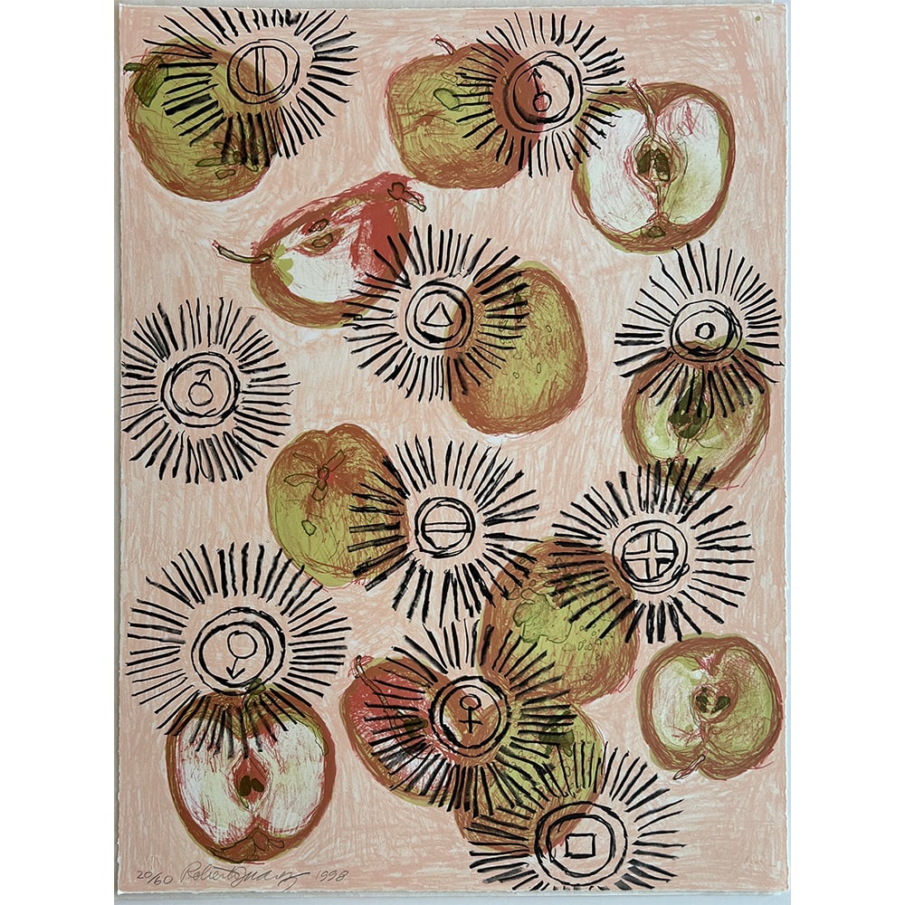 Roberto Juarez, Apple Oil I: Roberto Juarez, an artist from the United States, produced "Apple Oil I" in 1998. It is a lithograph print on white Somerset satin paper. Measuring 24.5 x 18 inches, this unframed work is edition