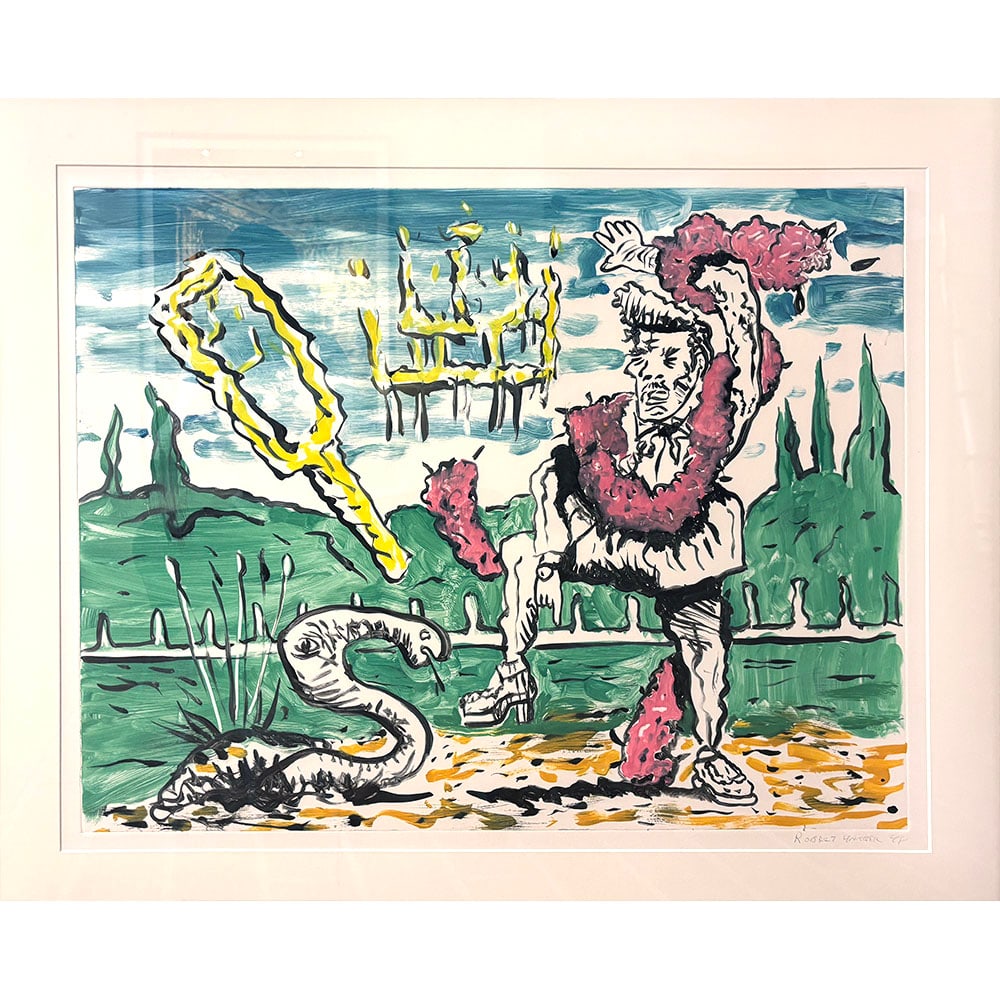 Robert Yarber, Untitled: Robert Yarber, an artist from the United States, created "Untitled" in 1998, a lithograph. Measuring 33 x 41 inches, this framed work has no edition. The composition features surreal and narrative