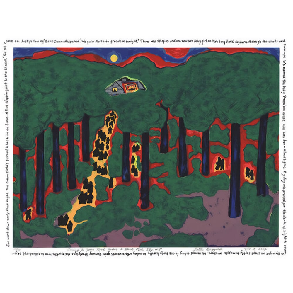 Faith Ringgold, Coming to Jones Road Under a Blood Red Sky: This scene, of a road leading to a small white house, is bordered by text that narrates the journey of two runaway slaves migrating North via the Underground Railroad. Faith Ringgold, an African