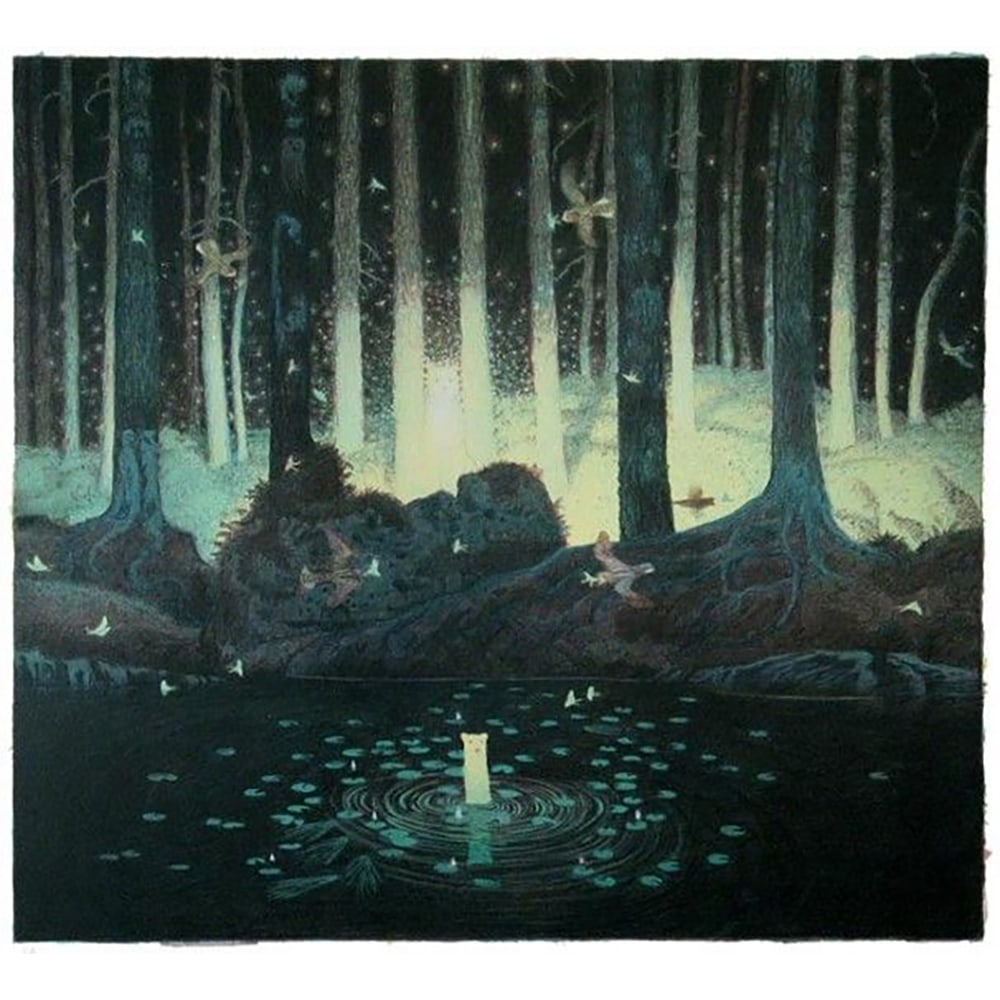 Tom Uttech, Waheshkamagad: Tom Uttech, an print artist from the United States with a cult following, produced "Wabeshkamagad" in 2005. It is an 8-color lithograph printed at Landfall Press. Measuring 28 x 26 inches, this