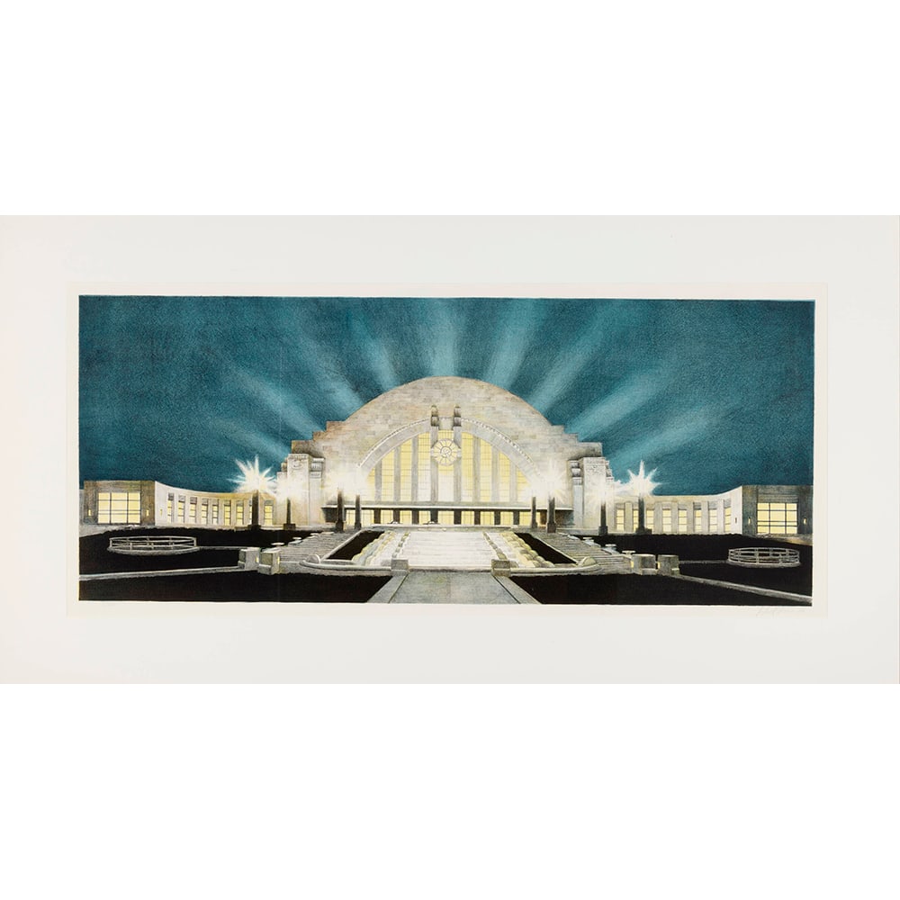 Richard Haas, Cincinnati Railroad Terminal Building: Richard Haas, an artist from the United States, created "Cincinnati Railroad Terminal Building" in 1986. It is a 5-color lithograph printed at Landfall Press. Measuring 22.5 x 50.75 inches, this