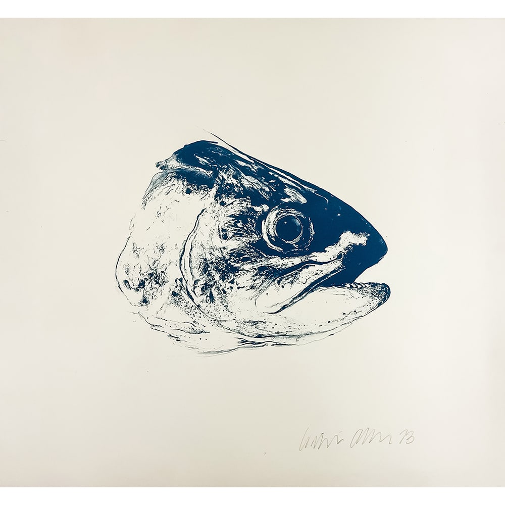 William Allan, Tamaies: William Allan’s Tamaies (1973) is a lithograph in blue on cream wove paper. Allan, a noted printmaker and avid fisherman, is recognized for his refined draftsmanship and observational studies.