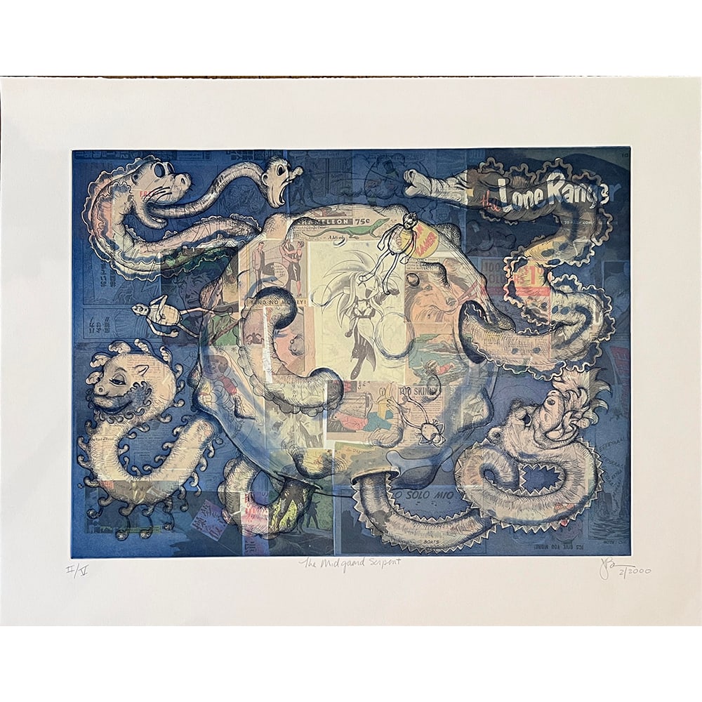 James Barsness, The Midgaard Serpent: James Barsness, an artist from the United States, produced The Midgaard Serpent in 2000. It is a 2-color etching and aquatint with chine collé. Measuring 24 x 29.5 inches, this unframed work is