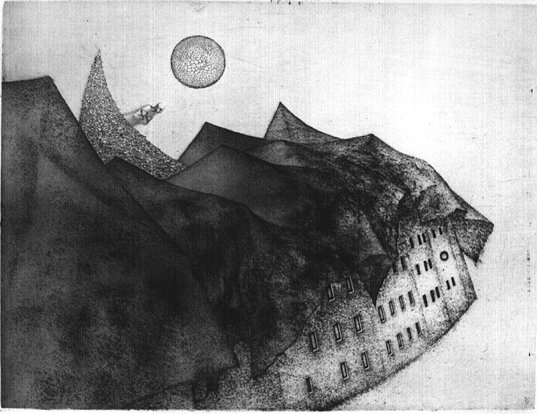 Nele Zirnite, Eclipse: Nele Zirnite’s Eclipse (1994) is an intaglio and aquatint on paper that explores contrast and transformation. Measuring 25.5 x 30.75 inches framed, this artist’s proof edition (a/p) exemplifies