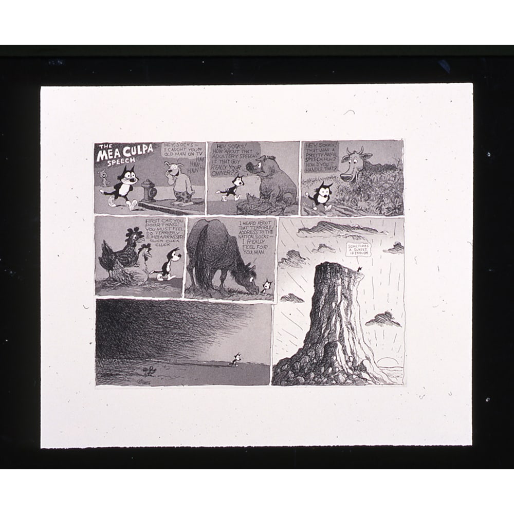 Patrick Oliphant, Mea Culpa: Patrick Oliphant, an Australian-American artist, produced Mea Culpa in 1999. It is an etching measuring 19 x 16 inches. This unframed work is edition 21/25. Known for political commentary, the piece s