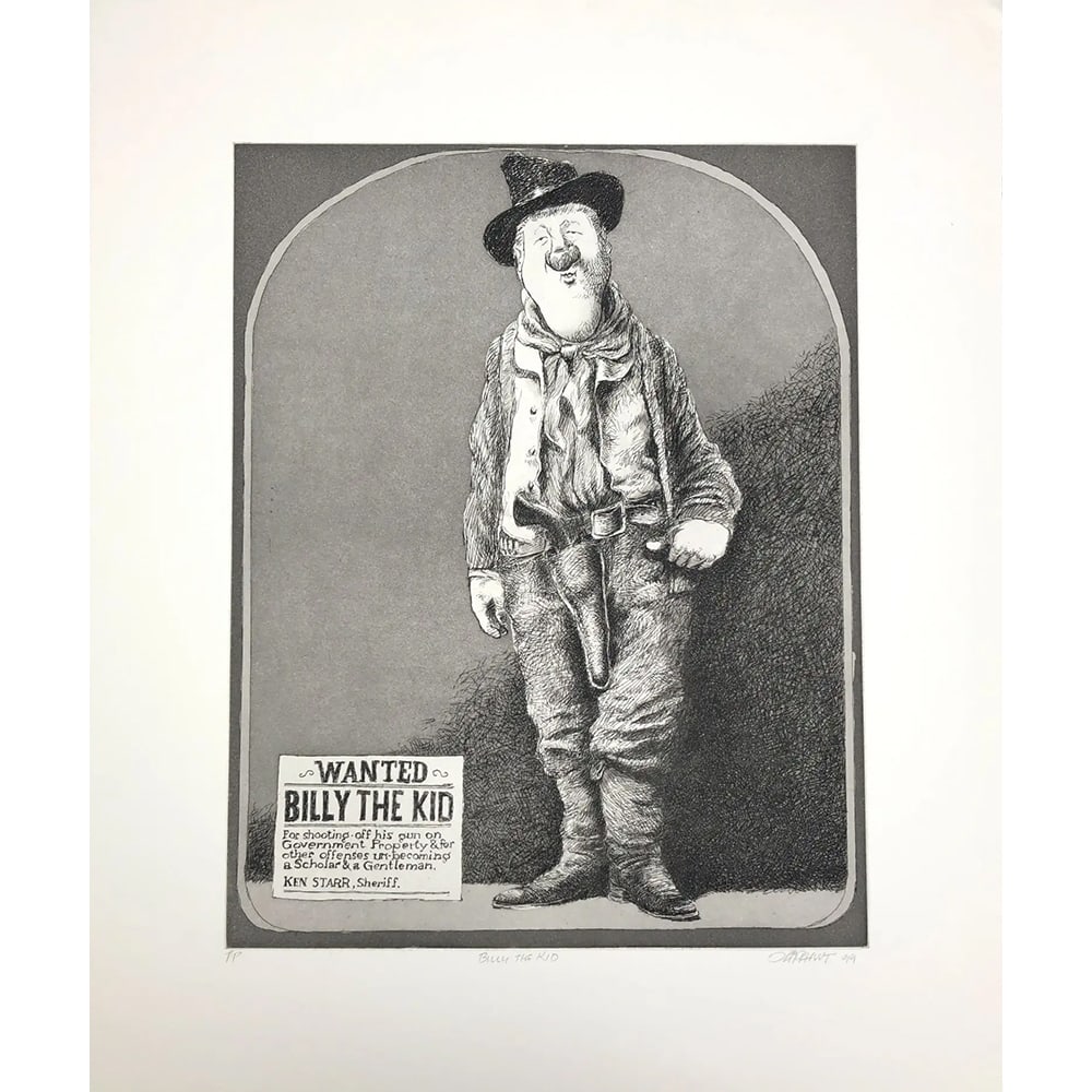 Patrick Oliphant, Billy the Kid: Patrick Oliphant, an Australian-American artist, produced "Billy the Kid" in 1999, an etching. Measuring 16 x 19 inches, this unframed work is edition 21/25. The composition offers satirical historica